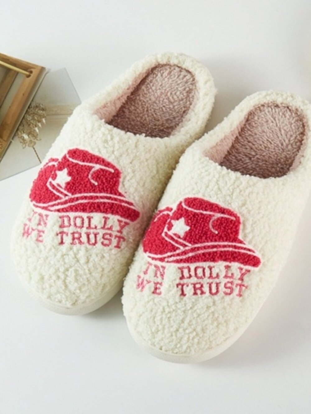 Sherpa Western In Dolly We Trust Small White Pink Comfortable Furry Slippers NEW